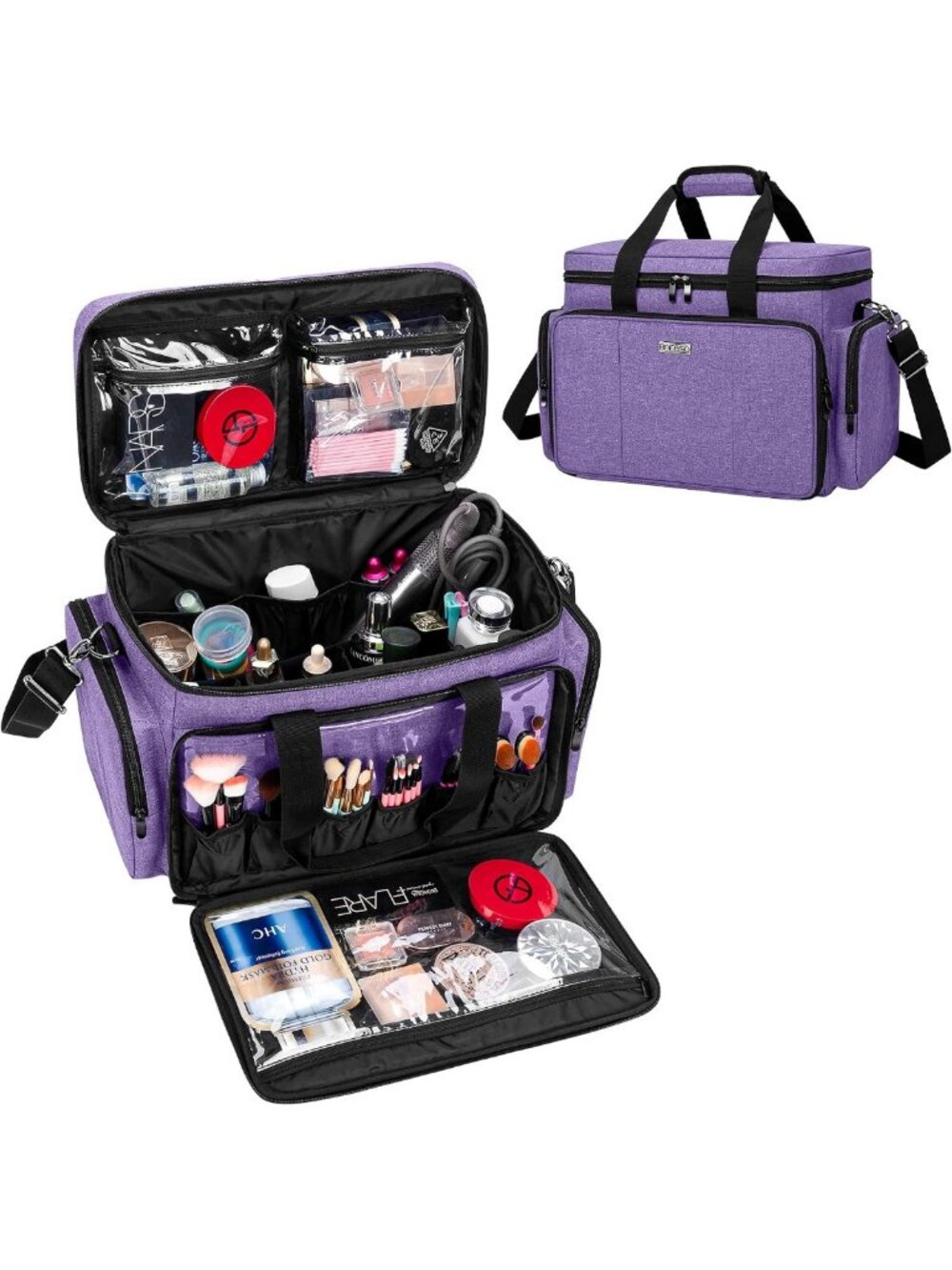 Spacious Purple Makeup Bag with Removable Dividers - Travel Cosmetic Organizer